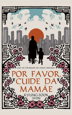 Capa do livro Por favor, cuide da mamãe. Ela mostra a sombra de uma mulher segurando a mão de uma criança, com o sol se pondo ao fundo, cercado de prédios