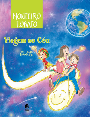 Capa do livro Viagem do céu, na qual Pedrinho, Emília e Narizinho estão no espaço, cavalgando em um cometa